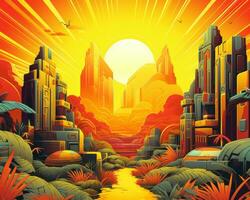 an illustration of a futuristic city with the sun in the background generative AI photo