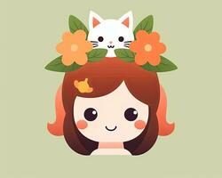 an illustration of a girl with a cat on her head generative AI photo