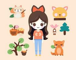 an illustration of a girl standing next to various animals and plants generative AI photo