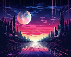 an illustration of a futuristic city with the moon in the background generative AI photo