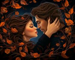 an illustration of a man and woman kissing in front of a wreath of autumn leaves generative AI photo