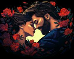 un ilustración de un hombre y mujer besos en frente de rojo rosas generativo ai foto