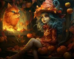 an illustration of a little girl in a witch costume with pumpkins and cats generative AI photo
