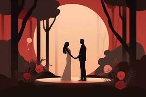 an illustration of a man and woman standing in front of a red sunset generative AI photo