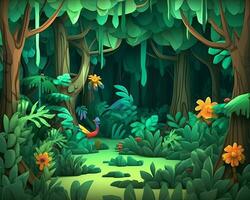 un ilustración de un selva escena con aves y flores generativo ai foto