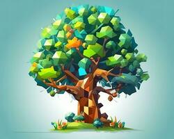 an illustration of a low poly tree on a blue background generative AI photo