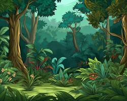 an illustration of a jungle scene with lots of plants and trees generative AI photo