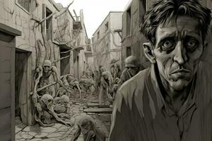 un ilustración de un hombre en un ciudad con zombies alrededor él generativo ai foto