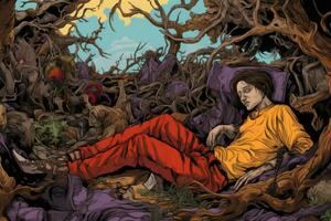 an illustration of a man laying on the ground surrounded by trees generative AI photo
