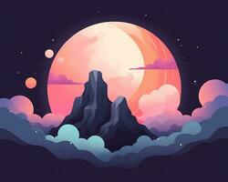 an illustration of a mountain with a full moon in the sky generative AI photo