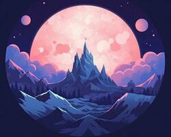 an illustration of a mountain with a pink moon in the background generative AI photo