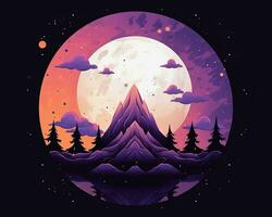 an illustration of a mountain with trees and a full moon generative AI photo