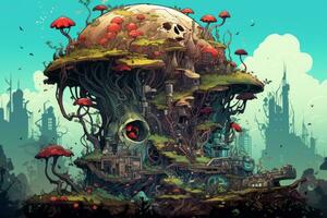 an illustration of a mushroom house with a skull on top generative AI photo