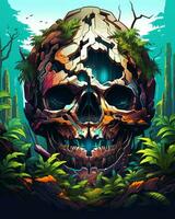 an illustration of a skull surrounded by plants and trees generative AI photo