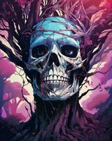 an illustration of a skull with a tree in the background generative AI photo