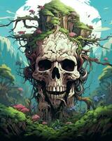 an illustration of a skull surrounded by trees and plants generative AI photo