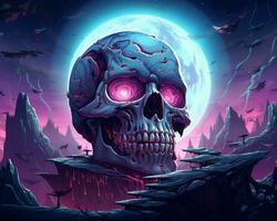an illustration of a skull with glowing eyes in front of a full moon generative AI photo