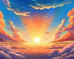 an illustration of a sunset over the ocean with clouds in the background generative AI photo