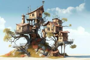 an illustration of a tree house on top of a hill generative AI photo