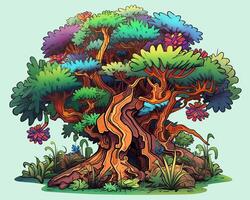 un ilustración de un árbol con vistoso flores generativo ai foto