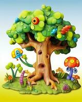 an illustration of a tree with colorful mushrooms generative AI photo