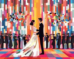an illustration of a wedding couple standing in front of a colorful background generative AI photo