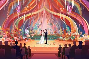 an illustration of a wedding ceremony in front of a colorful backdrop generative AI photo