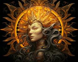 un ilustración de un mujer con dorado pelo y un corona en su cabeza generativo ai foto