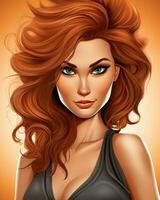 un ilustración de un mujer con rojo pelo y azul ojos generativo ai foto