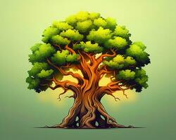 an illustration of an old tree on a green background generative AI photo