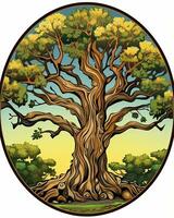 un ilustración de un antiguo árbol en un circulo generativo ai foto