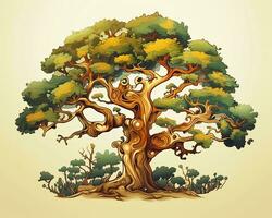 un ilustración de un antiguo árbol en un beige antecedentes generativo ai foto