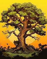 an illustration of an old tree with a sunset in the background generative AI photo