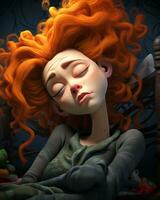 an illustration of an orange haired girl sleeping on a bed generative AI photo