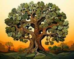 un ilustración de un antiguo árbol con hojas generativo ai foto