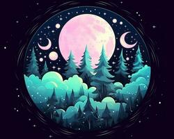 an illustration of the night sky with a full moon and trees generative AI photo