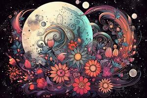 an illustration of the moon surrounded by flowers and stars generative AI photo