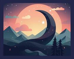 an illustration of the night sky with mountains and a crescent moon generative AI photo