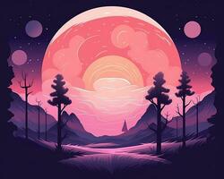 un ilustración de el noche cielo con un rosado Luna y arboles generativo ai foto