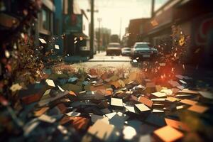 an image of a city street with lots of rubble generative AI photo