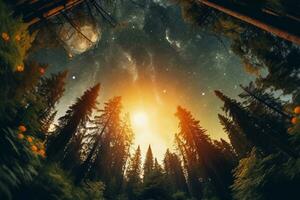 an image of a forest at night with the sun in the sky generative AI photo