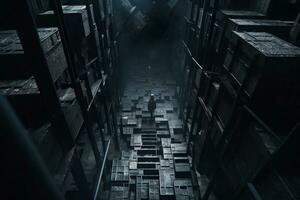 an image of a dark hallway with boxes stacked on top of each other generative AI photo