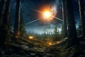 an image of a forest with trees and a star in the sky generative AI photo
