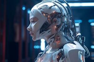 an image of a female robot in a futuristic setting generative AI photo