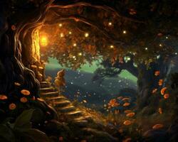 an image of a fairy tale scene in the woods generative AI photo