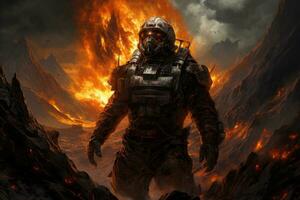 an image of a man standing in front of a burning mountain generative AI photo