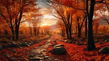 an image of a path in an autumn forest generative AI photo