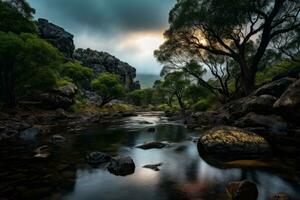 an image of a river in the middle of a forest generative AI photo