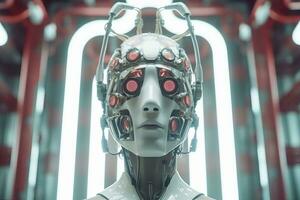 an image of a robot head with red eyes generative AI photo