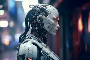 an image of a robot standing in front of a building generative AI photo